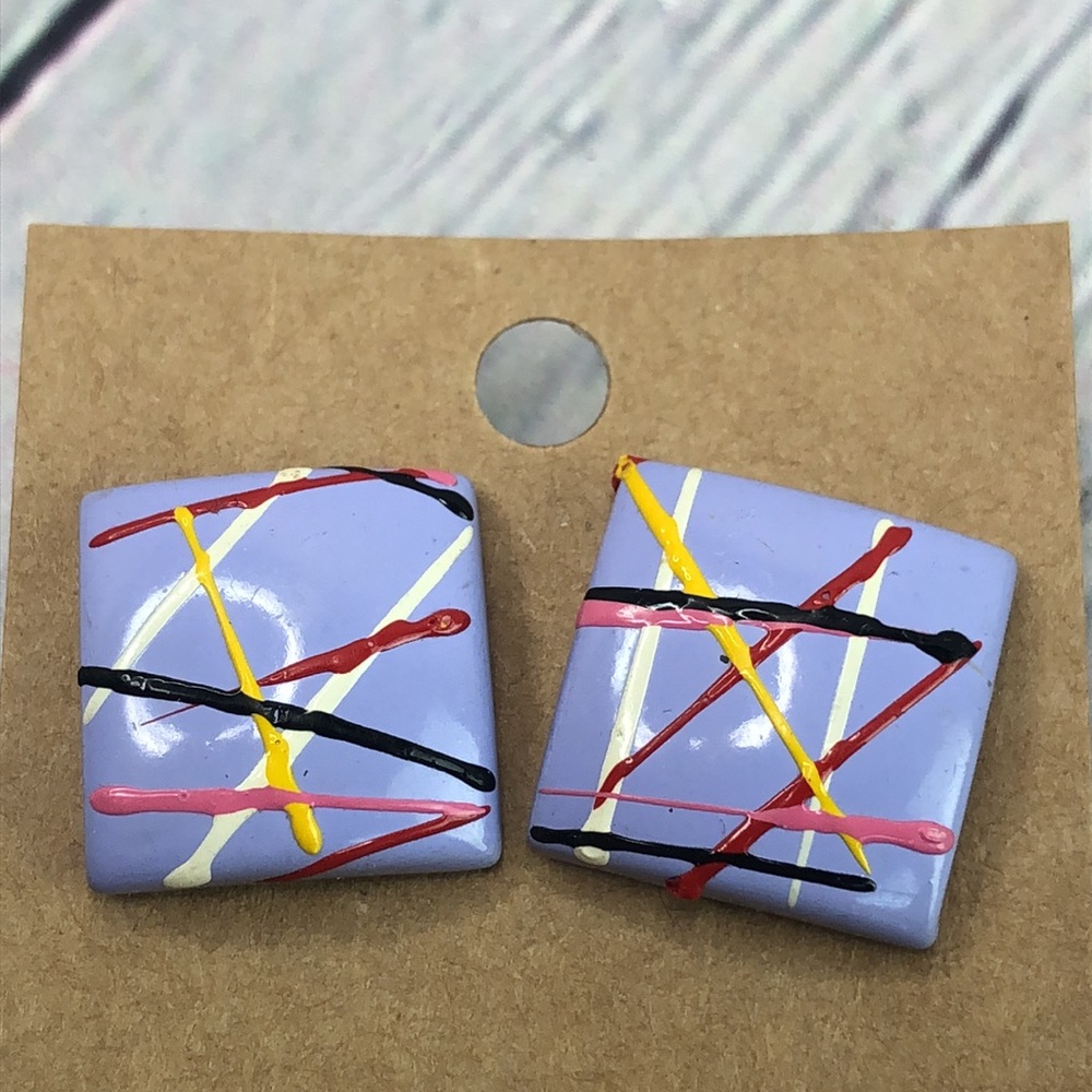 5/$25 Artsy purple multi color square splash paint decor statement earrings